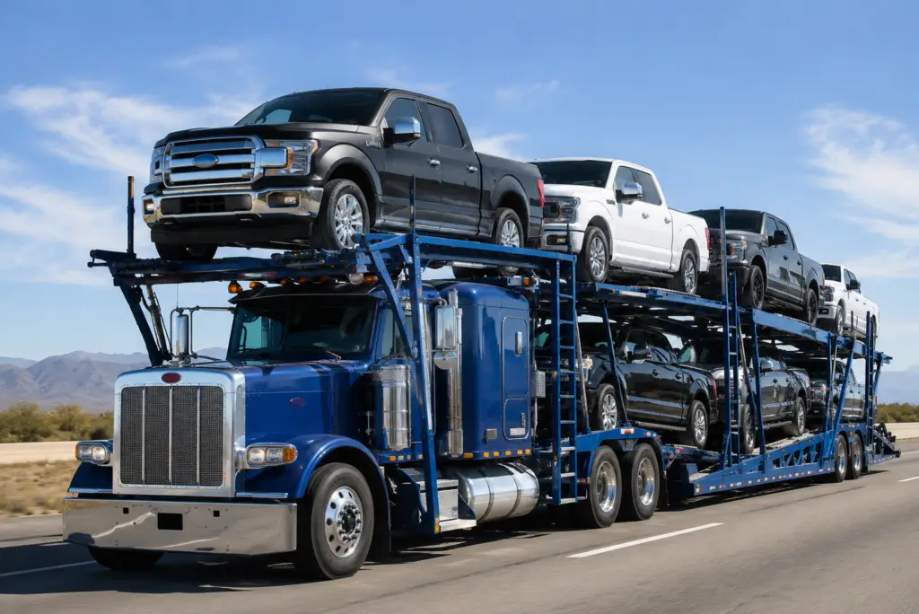 Blue semi-truck hauling several pickup trucks | A1 Nationwide